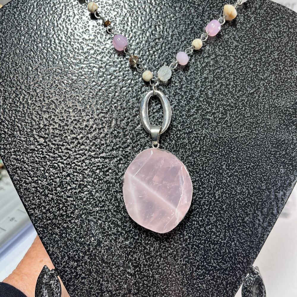 Rose Quartz wrapped stone beaded necklace pendant pink earrings 20 inches
